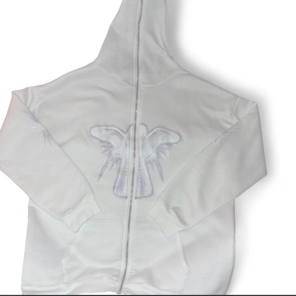 White Zip-Up Hoodie with Angel Wing Graphic